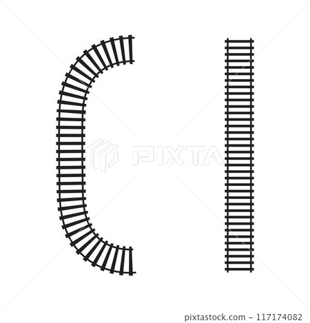 Railroad segments. Fence or stairs textures. Railway elements top view. Train track straight and curved lines isolated on white background. Vector graphic illustration 117174082