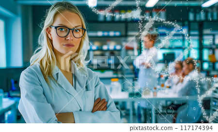 Image of a female doctor working in a high-tech research facility 117174394