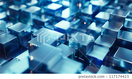 現代 3D 抽象藝術與藍色反光塊 117174423