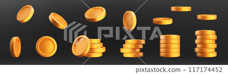 3D realistic golden coins pile set 117174452