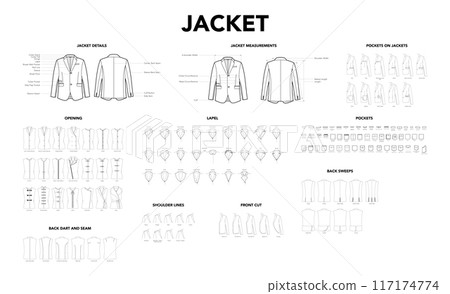 Set of Jacket details - Measurement, Length, Sleeves and Pockets styles technical fashion illustration. Flat apparel Set of Jacket details - Measurement, Length, Sleeves and Pockets styles technical fashion illustration. Flat apparel 117174774