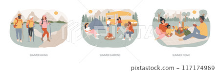 Vacation activities isolated concept vector illustration set. Vacation activities isolated concept vector illustration set. 117174969