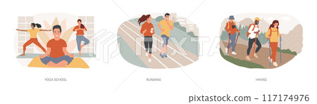Sports lifestyle isolated concept vector illustration set. Sports lifestyle isolated concept vector illustration set. 117174976
