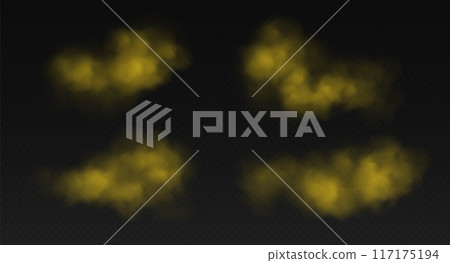 Yellow smoke, colorful fog, realistic smog, haze, mist or cloudiness effect. 117175194