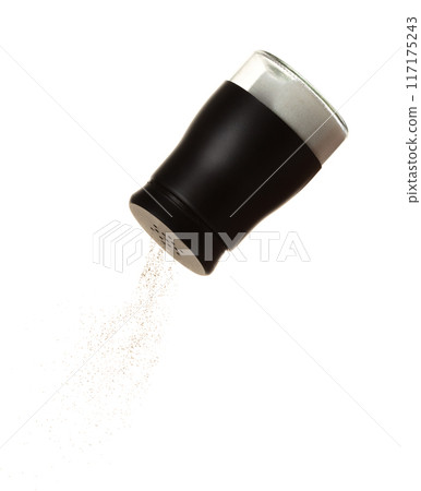 Salt seasoning powder flavor falling from shaker bottle, crystal salt and seasoning powder splash in mid air. Seasoning powder shaker spice up taste of food over white background isolated Salt seasoning powder flavor falling from shaker bottle, crystal salt and seasoning powder splash in mid air. Seasoning powder shaker spice up taste of food over white background isolated 117175243