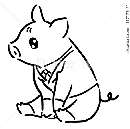 Sitting piglet in a suit with round eyes, black and white 117175481
