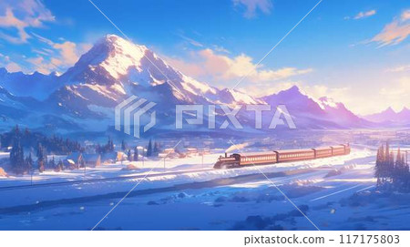 日出時雪覆蓋的山區鐵路和村莊-高品質奇幻插畫 117175803
