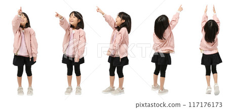 Full-body cutout of a girl pointing up Full-body cutout of a girl pointing up 117176173