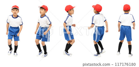 Full-body cutout of a male elementary school student in gym clothes 117176180