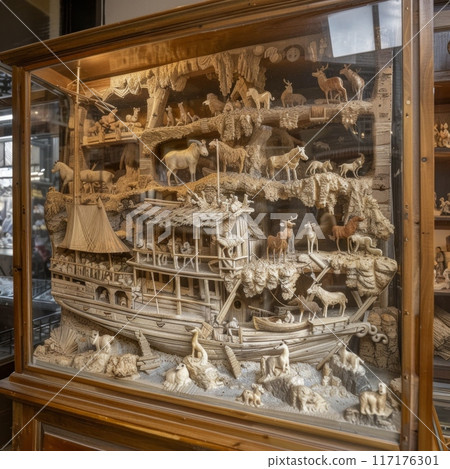 detailed representation of Noah's Ark, filled with diverse animals, set against a backdrop of rising waters and lavish craftsmanship. 117176301