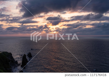 Sunset view of the Sea of Japan seen from Byobuiwa Observation Deck Sunset view of the Sea of Japan seen from Byobuiwa Observation Deck 117176416