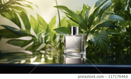 Transparent white glass perfume bottle mockup with plants on background. Eau de toilette. Mockup, spring flat lay. Transparent white glass perfume bottle mockup with plants on background. Eau de toilette. Mockup, spring flat lay. 117176468
