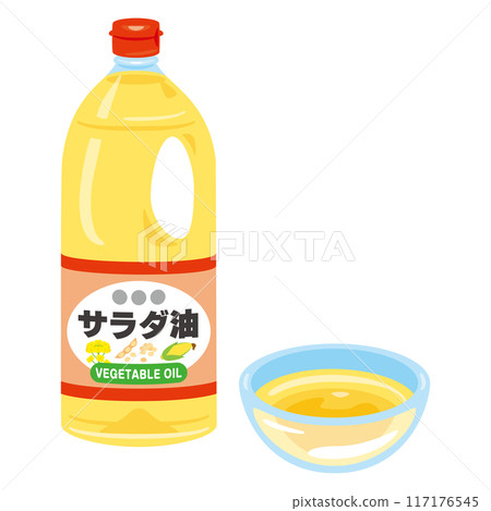 一個瓶子裡的沙拉油和一個小碗裡的沙拉油 117176545