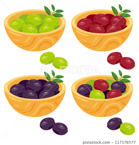 Set of olives in a wooden bowl Set of olives in a wooden bowl 117176577