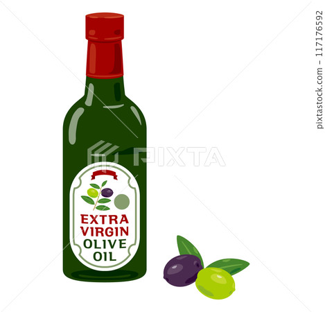 Bottle of extra virgin olive oil and olives 117176592
