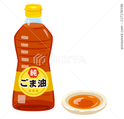 Sesame oil in a bottle and in a small dish 117176596