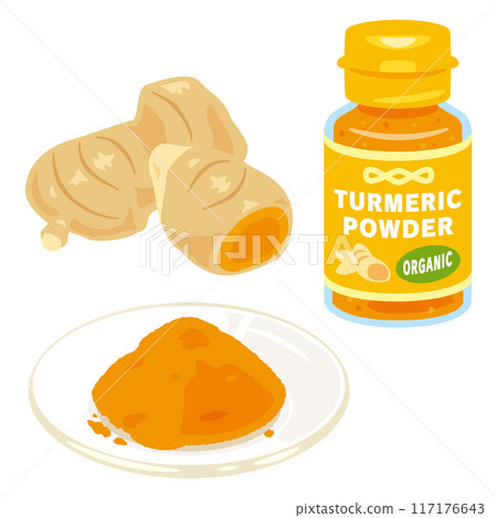 Bottle of organic turmeric and turmeric powder on a plate Bottle of organic turmeric and turmeric powder on a plate 117176643