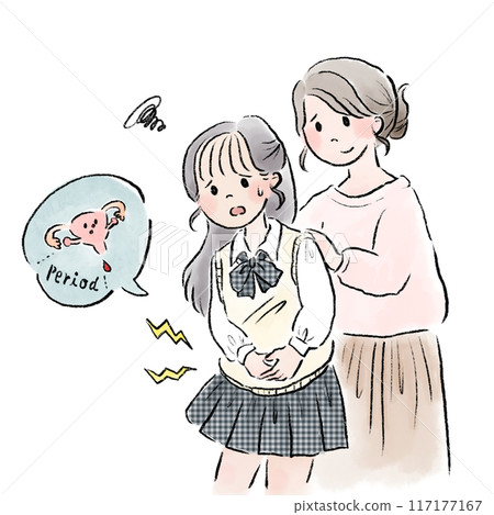 一名遭受經痛的女高中生和她安慰的母親 117177167