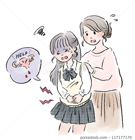 A high school girl suffering from period pain and her panicked mother 117177170