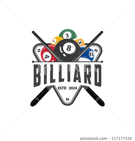 Billiard Logo Minimalist Design Ball and Stick Symbol Illustration Template 117177320