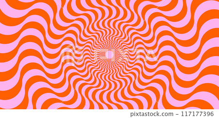 Optical illusion background. Red and pink abstract distorted wavy lines surface. Radial waves poster design. Trippy sunburst illusion wallpaper. Vector spinning hypnotic illustration Optical illusion background. Red and pink abstract distorted wavy lines surface. Radial waves poster design. Trippy sunburst illusion wallpaper. Vector spinning hypnotic illustration 117177396