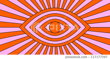 Retro trippy psychedelic background. Red and pink groovy evil eye with ray burst wallpaper. Vintage colorful hippie tunnel poster. Mental hypnotic vibe concept. Vector backdrop Retro trippy psychedelic background. Red and pink groovy evil eye with ray burst wallpaper. Vintage colorful hippie tunnel poster. Mental hypnotic vibe concept. Vector backdrop 117177397