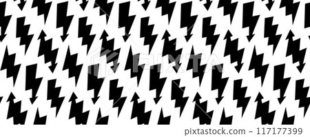 Lightning bolt seamless pattern. Thunder bolt repeating background. Flash thunderbolt ornament wallpaper. Blitz strike arrows for poster, banner, graphic design, print. Vector cartoon backdrop 117177399