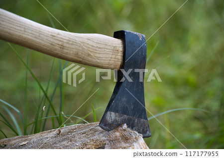 Close-up of an axe embedded in wood surrounded by green grass Close-up of an axe embedded in wood surrounded by green grass 117177955