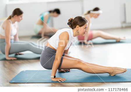 Group of young women doing yoga in studio Group of young women doing yoga in studio 117178466