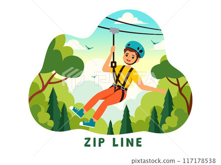 Zip Line Vector Illustration with Visitors Walking on an Obstacle Course and Outdoor Rope Adventure Park in a Forest on Flat Kids Cartoon Background 117178538