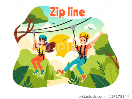 Zip Line Vector Illustration with Visitors Walking on an Obstacle Course and Outdoor Rope Adventure Park in a Forest on Flat Kids Cartoon Background 117178544