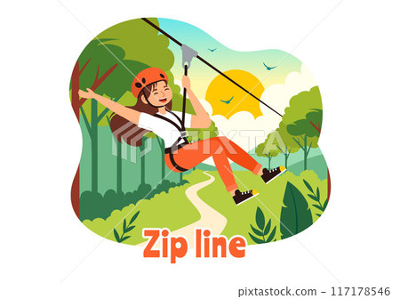 Zip Line Vector Illustration with Visitors Walking on an Obstacle Course and Outdoor Rope Adventure Park in a Forest on Flat Kids Cartoon Background 117178546