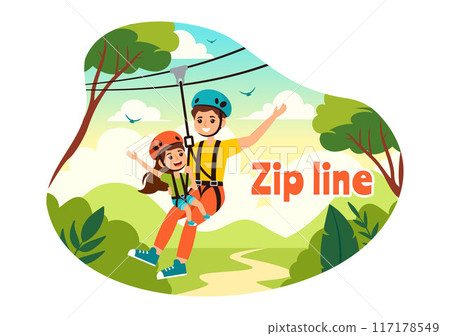 Zip Line Vector Illustration with Visitors Walking on an Obstacle Course and Outdoor Rope Adventure Park in a Forest on Flat Kids Cartoon Background 117178549