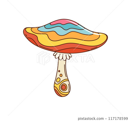 Cartoon retro hippie groovy psychedelic mushroom in 70s or 80s art, vector symbol. Groovy toadstool mushroom with psychedelic rainbow or hallucination flow in retro cartoon for hippie and rave sticker Cartoon retro hippie groovy psychedelic mushroom in 70s or 80s art, vector symbol. Groovy toadstool mushroom with psychedelic rainbow or hallucination flow in retro cartoon for hippie and rave sticker 117178599