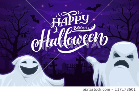 Halloween ghosts on cemetery. Vector party banner with cartoon spooks saying boo at holiday night background with graveyard landscape, tomb silhouettes, spooky flying bats, ravens and creepy trees Halloween ghosts on cemetery. Vector party banner with cartoon spooks saying boo at holiday night background with graveyard landscape, tomb silhouettes, spooky flying bats, ravens and creepy trees 117178601