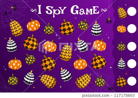 I spy game worksheet, count Halloween patterned pumpkins puzzle quiz on vector background with spiders and cobweb. Kids game of Halloween trick or treat pumpkins with stars and spots ornaments I spy game worksheet, count Halloween patterned pumpkins puzzle quiz on vector background with spiders and cobweb. Kids game of Halloween trick or treat pumpkins with stars and spots ornaments 117178603