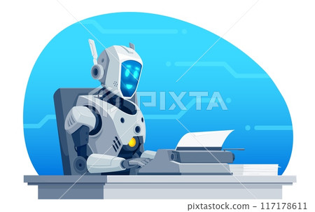Robot writer, vector AI artificial intelligence. Cartoon modern humanoid robot or bot character typing text on vintage typewriter. Happy smiling AI bot book writer, text editor or journalist at work 117178611