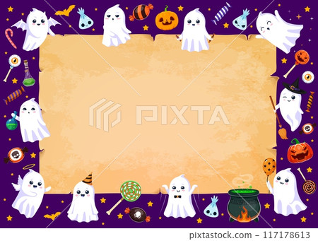 Cartoon Halloween kawaii ghost characters and vintage manuscript scroll. October celebration, fall season festive vector background, happy Halloween backdrop with cute ghosts, candies and magic potion Cartoon Halloween kawaii ghost characters and vintage manuscript scroll. October celebration, fall season festive vector background, happy Halloween backdrop with cute ghosts, candies and magic potion 117178613