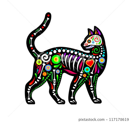 Mexican cat animal tattoo with skull and skeleton bones in floral ornament, vector silhouette. Mexican culture and ethnic art tattoo of wild cat animal skeleton with heart and flowers decor pattern Mexican cat animal tattoo with skull and skeleton bones in floral ornament, vector silhouette. Mexican culture and ethnic art tattoo of wild cat animal skeleton with heart and flowers decor pattern 117178619