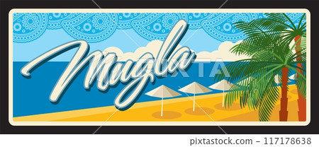 Mugla Turkish municipality or province, il or territory in Turkiye. Vector travel plate, vintage tin sign, retro postcard design. Holiday resorts for travels, beach and palms vacation 117178638