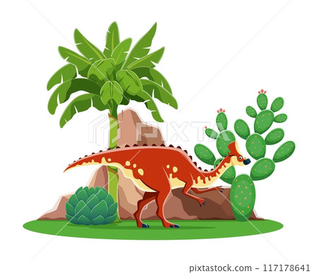 Amurosaururs cartoon prehistoric dinosaur character at tropical landscape with lush greenery, plants, cacti and rocky formations. Isolated vector herbivore dino reptile animal in its natural habitat Amurosaururs cartoon prehistoric dinosaur character at tropical landscape with lush greenery, plants, cacti and rocky formations. Isolated vector herbivore dino reptile animal in its natural habitat 117178641