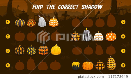 Find correct shadow of Halloween patterned pumpkins on midnight cemetery, vector kids game. Puzzle worksheet to find and match correct picture of witch pumpkins with ornament in Halloween horror night Find correct shadow of Halloween patterned pumpkins on midnight cemetery, vector kids game. Puzzle worksheet to find and match correct picture of witch pumpkins with ornament in Halloween horror night 117178649
