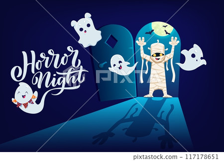 Halloween banner with kawaii ghosts and mummy characters in opened door. Halloween horror night holiday monsters vector personages, cute ghosts, phantoms and mummy with scary bandage, moon and bats 117178651
