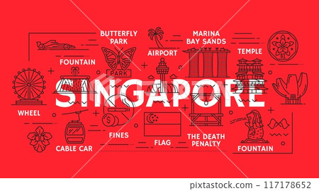 Singapore line travel and landmarks. Vector singaporean flag, Marina Bay Sands, artscience and Changi airport outline buildings. Singapore country orchid symbol, fountain, cable car, butterfly park 117178652