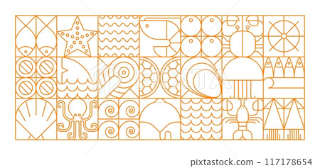 Seafood line modern geometric pattern of vector sea food fish and animals. Abstract geometric background with outline orange oyster, shrimp, octopus and squid, salmon, crab and lobster square tiles 117178654