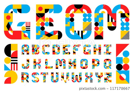Abstract geometric modern type, alphabet letters and numbers typeface vector typography of color triangle, circle and square shapes. English abc uppercase characters with retro geometric blocks, lines 117178667