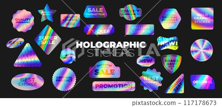 Hologram stickers, labels, stamps and tags with neon color gradient. Vector silver metal holographic sale or quality badges. Square, circle, star, rhombus, triangle shaped iridescent rainbow holograms 117178673