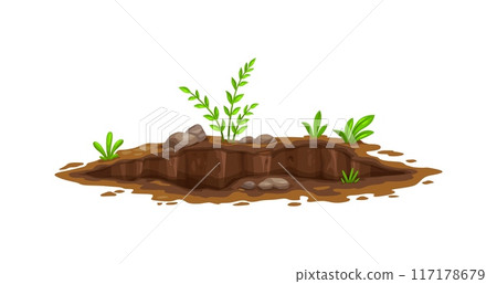 Ground hole, deep dirty pit and burrow in soil or mud surface. Isolated cartoon vector land excavation or cavity, muddy crevice. Environmental natural gap on the lawn, meadow, farm, forest or garden 117178679