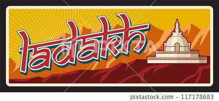 Ladakh Indian state retro travel plate, vintage banner. Vector landmark of India, ancient temple in rocky mountains, travel destination sign. Retro board, touristic signboard plaque 117178683