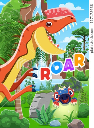 Funny dinosaur character and dino kid. Vector colorful scene with cartoon roaring monolophosaurus and baby reptile hatching from the eggshell in a lush prehistoric jungle landscape with a waterfall 117178688
